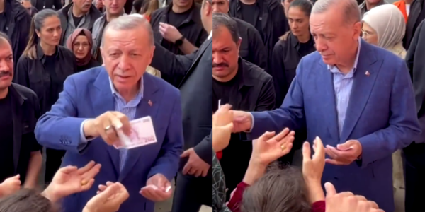 Erdogan reparte dinero a sus seguidores a las afueras de un local de votación